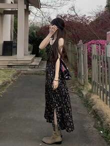 女士花卉波西米亚风优雅可爱荷叶边层叠休闲晚宴派对中长连衣裙 - 黑色 - 查看 7