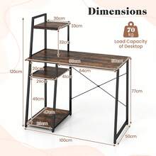 COSTWAY Computer Desk With Shelves, Small Home Office Desk With 3-Tier Storage Bookshelf, Modern Writing Desk With Ladder-Shaped Metal Frame, Rustic Brown - Brown - View 6