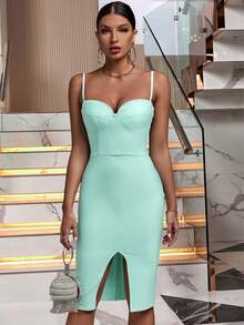 Damen sexy elegantes Mini-Bandage-Slip-Kleid, geeignet für Party, Cocktail, Hochzeitsgast - Babyblau - Übersicht 4