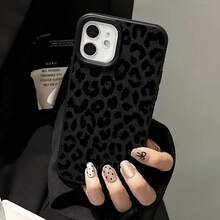 1个时尚豹纹荔枝纹哑光黑全包防震TPU手机壳，适用于苹果16、15、14、13、12、11、17 Pro Max，男女通用 - 彩色 - 查看 4