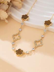 1 chiếc dây chuyền mặt dây chuyền hình cỏ bốn lá và cỏ năm lá rỗng, đính kim cương, lãng mạn, tinh tế, sang trọng, ngọt ngào, may mắn dành cho nữ. - màu nâu - Xem 5