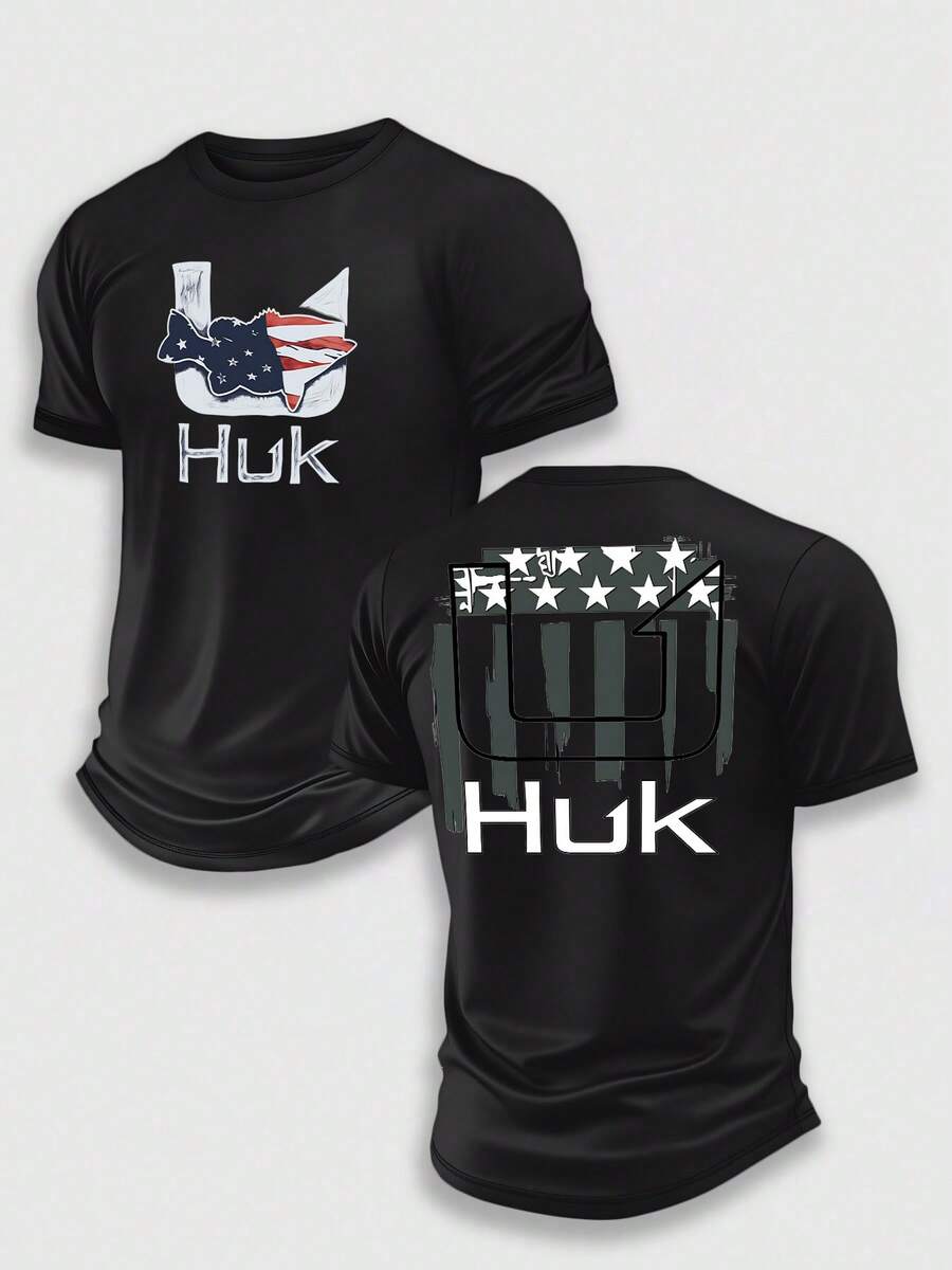 (220 Pieces Of Pure Cotton T-Shirts)HUK STEALTH PATRIOT Fishing Performance T-Shirt, Moisture Wicking Quick Dry Tee, High-Quality Graphic Printed Outdoor Sportswear, Men's Short Sleeve Shirt, Tactical Camo Flag Art, Stealth Hook Graphic, Holiday Gift, Performance Gear, Lightweight Breathable, Camisetas Para Hombre, Men Vacation Outfits, Urban Outdoor Style - Black - View 1