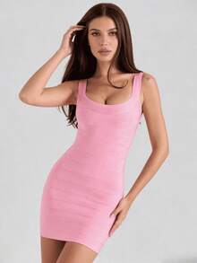 Chic Sleeveless Sweet Solid-Color Cinched-Waist Knit Mini Dress - Pink - View 6