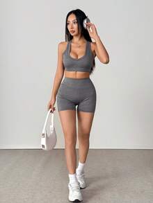2 Stücke/Set modischer figurbetonter einfarbiger Träger-Top und Shorts Sport Lässig Anzug - Grau - Übersicht 5