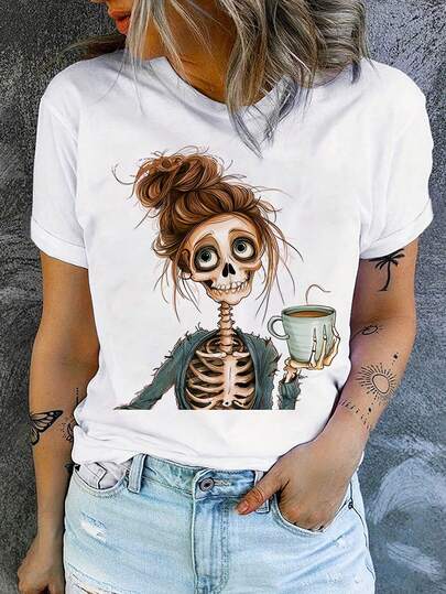 Camiseta de mujer con diseño de esqueleto, regalo ideal para amantes del estilo gótico