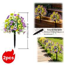 2朵防紫外线塑料仿真三色堇和雏菊，带尖头支架，户外花园装饰 - 彩色 - 查看 4