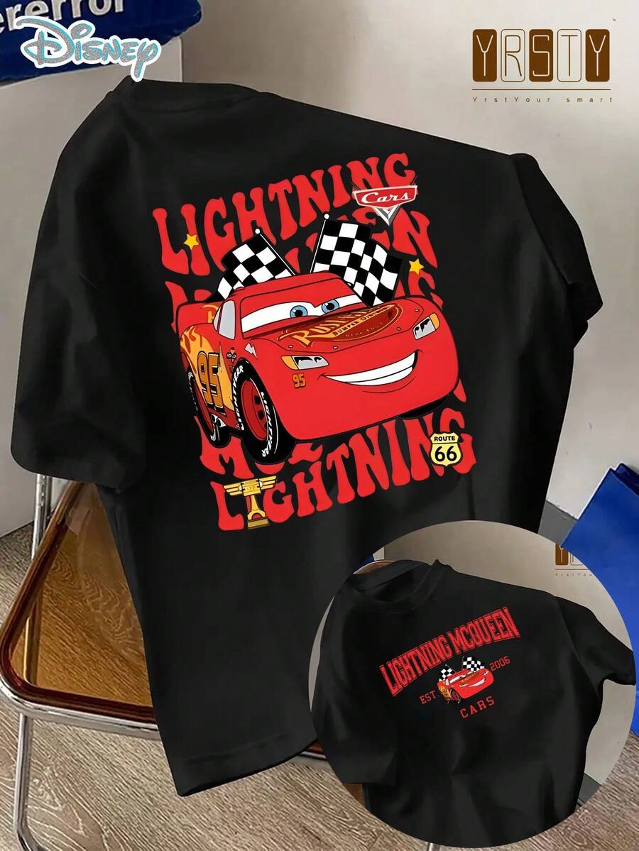 Disney Car Story Lightning McQueen Racing T-Shirt-Green Lightning McQueen Flame Printing, Lightning McQueen Text-Adult Models Around The Official Disney Pixar Car Movie-Birthday 4th Party Dress-Lightweight Summer Tops, Birthday Gifts, Role Costumes, Durable Materials, Short-Sleeved Shirts, Adult Women's Clothing Fans Exclusive. - 黑色 - 查看 1
