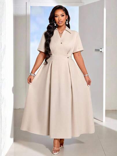 BIUBIU 大码米色短袖A字型长连衣裙，带领，优雅白色婚礼宾客礼服及女士夏季度假装