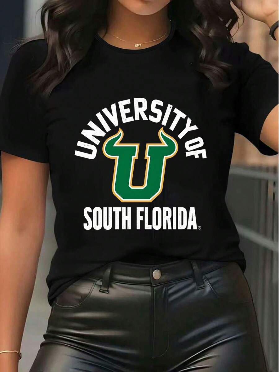 Women's University Of South Florida Graphic Tee, Casual Short Sleeve Crew Neck T - Shirt, Vintage College Sports Inspired Top For Summer Streetwear,Tops For Women,Women Tops,Women's Tops Clothes ,Women Tops, Blouses & Tee Camiseta Para Mujer,Motif Women Clothes,Summer Clothes,Spring Outfits For Women,Graphic Tees Women,Black Top,Summer Tops, - màu đen - Xem 1