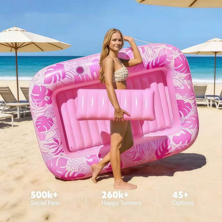 SLOOSH 充气日光浴泳池躺椅，85 英寸 x 57 英寸超大成人泳池漂浮垫，带枕头，四合一日光浴浴缸充气筏，适用于水上充气球池的日光浴床躺椅，特大号金色白色 - 1PCS - 查看 1