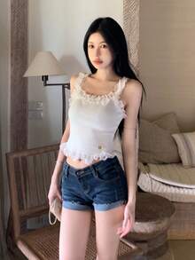 蕾丝边修身针织吊带背心 - 白色 - 查看 3