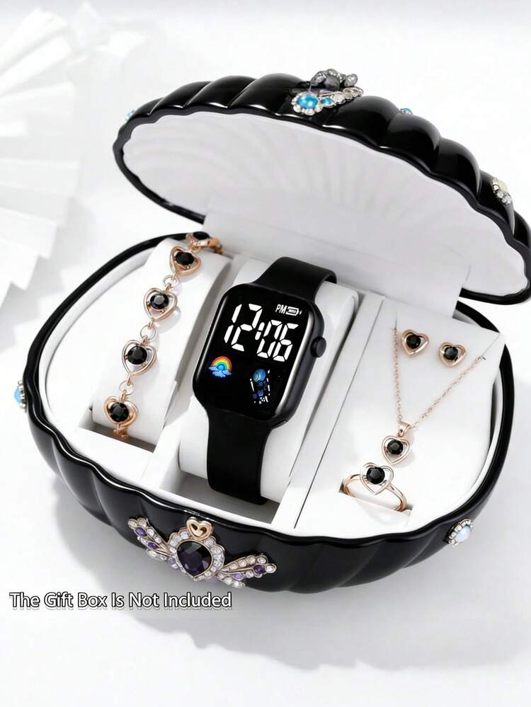 6/5件套女孩可爱优雅时尚LED数字显示电子手表，搭配镶钻项链、手链、戒指、耳环首饰套装，适合女孩日常佩戴，是派对、度假、旅行、聚会、生日/节日礼物、返校礼物、朋友礼物、日常生活、女孩配饰、感恩节、复活节礼物的完美之选。 - 彩色 - 查看 13