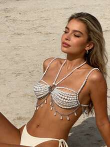 Pearl Chain Bra Beaded Tassel Halter Camisole Body Chain Jewelry For Women Rave Nightclub Party Outfit - White - View 6
