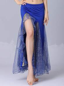 女士肚皮舞长裙，高开衩亮片网纱罩裙，松紧腰设计，适合表演和练习（多种颜色可选） - 彩色 - 查看 3