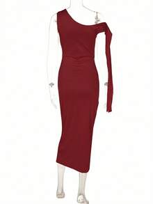 女士性感单肩紧身无袖连衣裙，优雅时尚，适合派对、度假、情人节、春夏穿着 - 酒紅色 - 查看 6