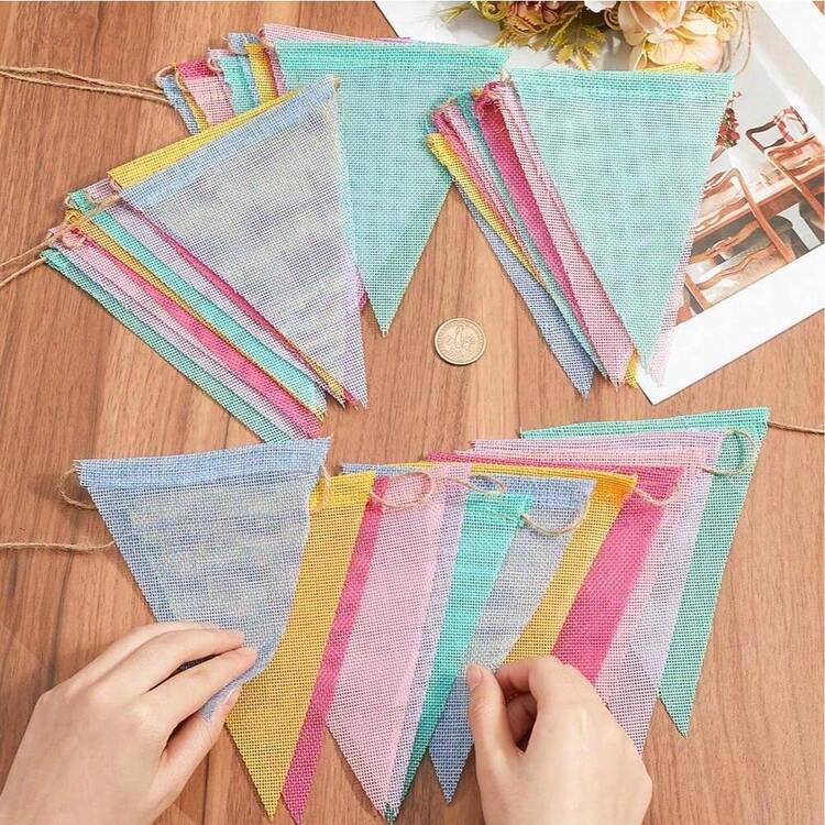 1 件/4 米三角旗，彩色黄麻袋三角派对悬挂绳，适用于生日派对、婚礼、节日装饰、校园活动装饰和派对背景装饰。 - 4-meter multicolor pennant - 查看 6
