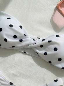 新款时尚性感波点印花无肩带可拆卸肩带比基尼泳衣，女士沙滩派对必备 - 黑與白 - 查看 4