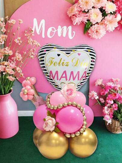 22pcs Spanish Happy Mother's Day Black And White Striped Foil Balloons, Includes Black And White Striped Balloons, Gold, Pink, Burgundy Latex Balloons, Gold And Pink Magic Latex Balloons, Suitable For Celebrating Mother's Day, Anniversary, Mom's Birthday Party, Gifting To Mom, Party Decor, Photo Booth Props, Mother's Day Wreath Balloon Stand