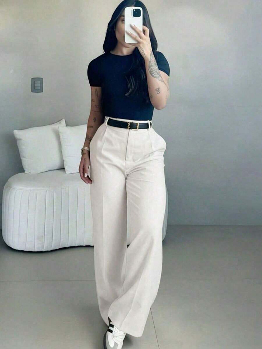 Women's High Waist Wide Leg Pants | Spring Women's Clothing | Casual Elegant Office Pants | Spring Casual Wear | Solid Color Loose Straight Bottoms | Spring Apparel | Women's Casual Wear | Soft Comfortable Casual Pants | Women's Casual Wear Matching | Minimalist Fashionable Workwear | Casual Suit | New Year Preparation Spring/Autumn Essential, No Belt Included - 黑色 - 查看 1