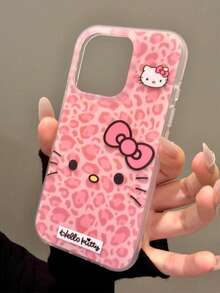 Sanrio 1个可爱粉色豹纹小猫表情手机壳，适用于 17 Pro Max、17 Air、新款17、16 Pro/15 Plus/14、13、12，卡通图案，防摔，防滑，全包覆，智能保护 - 粉色 - 查看 3