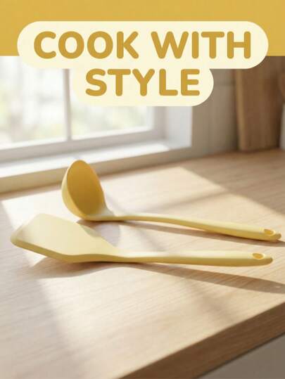 Juego de espátula/cuchara/espumadera de silicona amarilla: resistente al calor y fácil de limpiar, adecuado para cocinar y servir alimentos en la cocina. Hecho de material de silicona, muy adecuado para cocinar el desayuno, usar en ollas de sopa para camping y cocinar al aire libre para servir sopa. Una herramienta de cocina práctica.