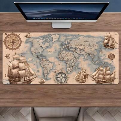YUFZX 复古世界地图航海主题大号加长游戏鼠标垫，防滑橡胶底座，锁边缝制桌垫，冒险美学艺术设计桌垫，耐用电脑配件，适用于家庭办公和游戏环境，是送给游戏玩家、旅行爱好者、男孩女孩和青少年的完美礼物。