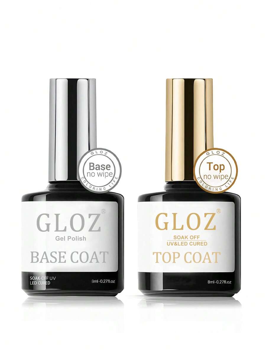 GLOZ 免擦洗底油+透明亮油，可卸除UV/LED灯烘干，持久亮泽指甲油套装，女士美甲礼品，美甲沙龙品质
