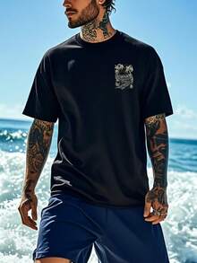 Coastal Men's Vacation Style Island Element Printed Short Sleeve T-Shirt, Suitable For Summer Wear, Comfortable & Breathable, Leading Fashion - Black - View 4