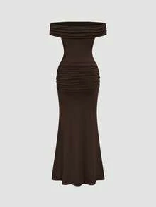 Đầm nữ màu trơn trễ vai, khóa kim loại, xếp ly, thắt eo, gợi cảm, thanh lịch, thời trang nghỉ dưỡng mùa hè. - màu nâu - Xem 7