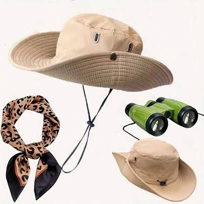 Conjunto de safari para mujer de 3 piezas - Sombrero cubo con estampado de leopardo, bufanda, binoculares, accesorios de disfraz de animales salvajes, disfraz de Halloween, fiesta de vacaciones, decoración con estampado animal, moda retro, accesorio de moda, conjunto de safari, entusiasta del cosplay, participante de vacaciones