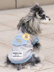 复古条纹狗狗背心，牛仔撞色设计小熊贴片宠物背心，时尚又可爱 - 淺藍色 - 查看 10