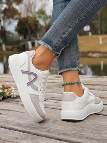 Giày thể thao nữ đế dày in chữ, giày bệt chống trơn trượt màu trắng đa năng mùa xuân/thu mới, giày học sinh. - trắng - Xem 6