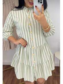 Midi Flared Shirt Dress With Mandarin Collar, High Button-Down Shirt, Linen Beach Cover-Up With Long Sleeves, Ruffled Trim, And Striped Design. - Green - View 2