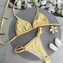 Bikini With Tan Lines, Lined, No Padding, Thong Bottom With Adjustable Straps, Anatomical Top, Bikini Bottom, Beachwear, Summer Style. - Màu vàng - Xem 1