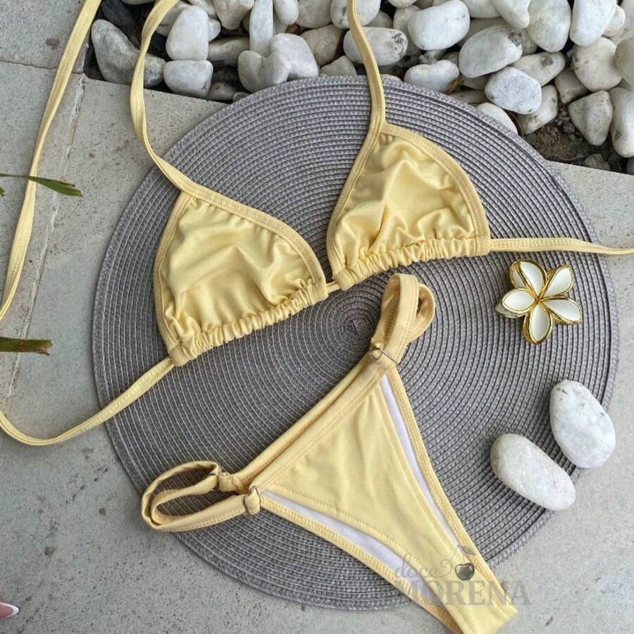 Bikini With Tan Lines, Lined, No Padding, Thong Bottom With Adjustable Straps, Anatomical Top, Bikini Bottom, Beachwear, Summer Style. - Màu vàng - Xem 1