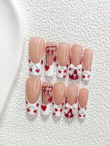 10件套樱桃甜美美甲套装，亚克力美甲装饰，3D蝴蝶结，手绘红樱桃，白色珍珠，白色指甲油，浪漫夏日美甲，包含美甲工具（1个果冻贴+1个指甲锉），3种尺寸：杏仁形、鸭嘴形、棺材形，适合日常、派对、拍照、婚礼、春夏手工按压式美甲 - 彩色 - 查看 11