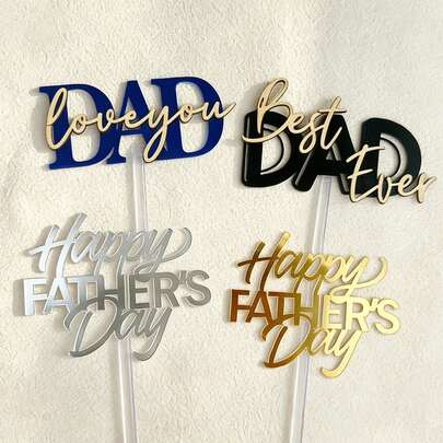 Bộ 3/1 món trang trí bánh sinh nhật chủ đề Ngày của Cha bằng acrylic với dòng chữ "Con yêu bố" và "Người bố tuyệt vời nhất", thích hợp để trang trí bánh sinh nhật và món tráng miệng theo chủ đề Ngày của Cha.