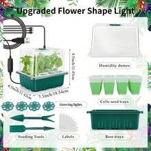 4/6件套升级版育苗盘，带花形植物生长灯，6件套育苗套装，含光照和湿度罩、定时控制器、可调节亮度及3种光照模式，室内幼苗培育发芽盘 - 綠色 - 查看 3