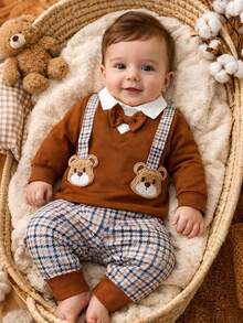 Conjunto De Mono De Niño Con Diseño De Osito Y Estilo Caballerito, Body De Manga Larga Con Cuello Polo Y Pajarita + Pantalón A Cuadros Pata De Gallo, Juego De 2 Piezas Para Recién Nacidos, Ropa De Moda Para Bebés Niños - Marrón - Ver 1