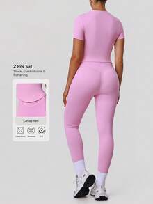 Sodalemon 女士运动套装纯色T恤无前缝经典设计瑜伽紧身裤户外跑步训练健身套装 - 粉色 - 查看 2