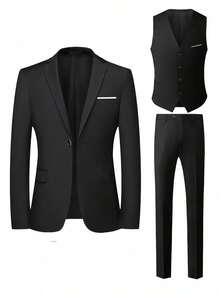 Men's Slim-Fit Black 3-Piece Suit - Elegant Black And White Wedding And Formal Wear, Long Sleeves, Button Closure, Non-Stretch Fabric, Suitable For Office Meetings And Elegant Events All Year Round, Wedding Attire, Slim-Fit Suit - màu đen - Xem 2