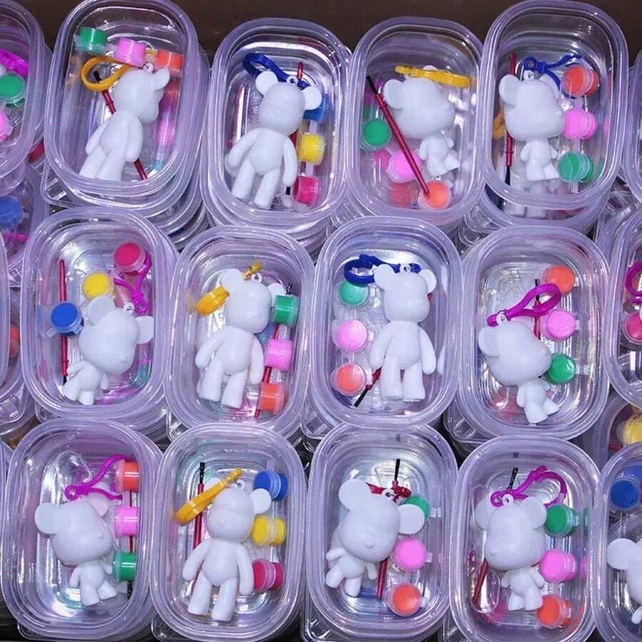 2/5/6 Pcs DIY Handcraft Set - Graffiti Doll Keychain, Colorful Bear Shaped Keyring | Material: Plastic | Set Includes: 1 Bear Blank + 3 Color Paints + 1 Stirring Spoon + 1 Keychain | Random Color | Enhance Creativity And Hands-On Ability | Suitable For Party Games, Classroom Rewards, Holiday Gifts - Multicolor - View 1