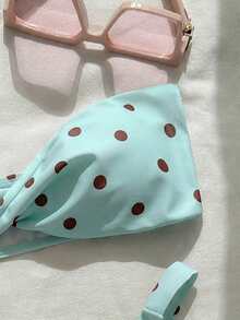 New Fashionable Sexy Polka Dot Print Strapless Detachable Strap Bikini Swimwear For Women, Beach Party Summer Vacation - Mint Blue - View 6