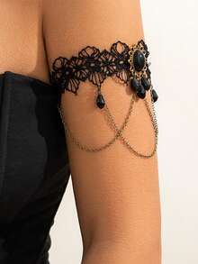 1pc Metallic Glossy Water Drop Bangle, Fashionable Black Lace Sexy Arm Cuff Bracelet - Black - View 3