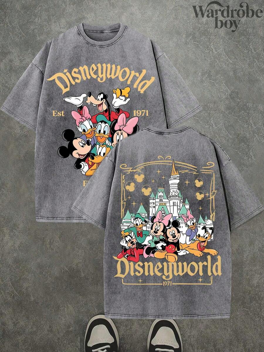 Disney Printed Wash Water T-Shirt,Retro Disney Park T-Shirt: Vacation T-Shirt With Mickey And Friends, Couple T-Shirt,Unisex,High-Quality Pure Cotton T-Shirt,Suitable For All Seasons, Comfortable And Breathable| Exquisite Design | The Best Choice For Giving Gifts - 淺灰色 - 查看 1