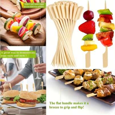 50/100/200 buc frigărui din bambus pentru aperitive, decor cu scobitori din coadă de cocoș, bețișoare alimentare plate din lemn pentru băuturi de petrecere, fructe, grătar, accesorii pentru aperitive