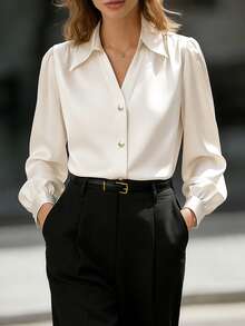 女士休闲轻薄通勤雪纺纯色V领前开襟纽扣宽松长袖衬衫 - 杏色 - 查看 3