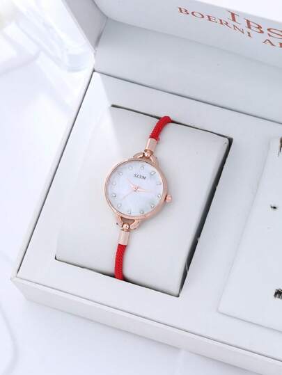 1-Piece Elegant Quartz Watch And Jewelry Accessory Set, Featuring A Stylish Round Women's Wristwatch And Rhinestone Bracelet.