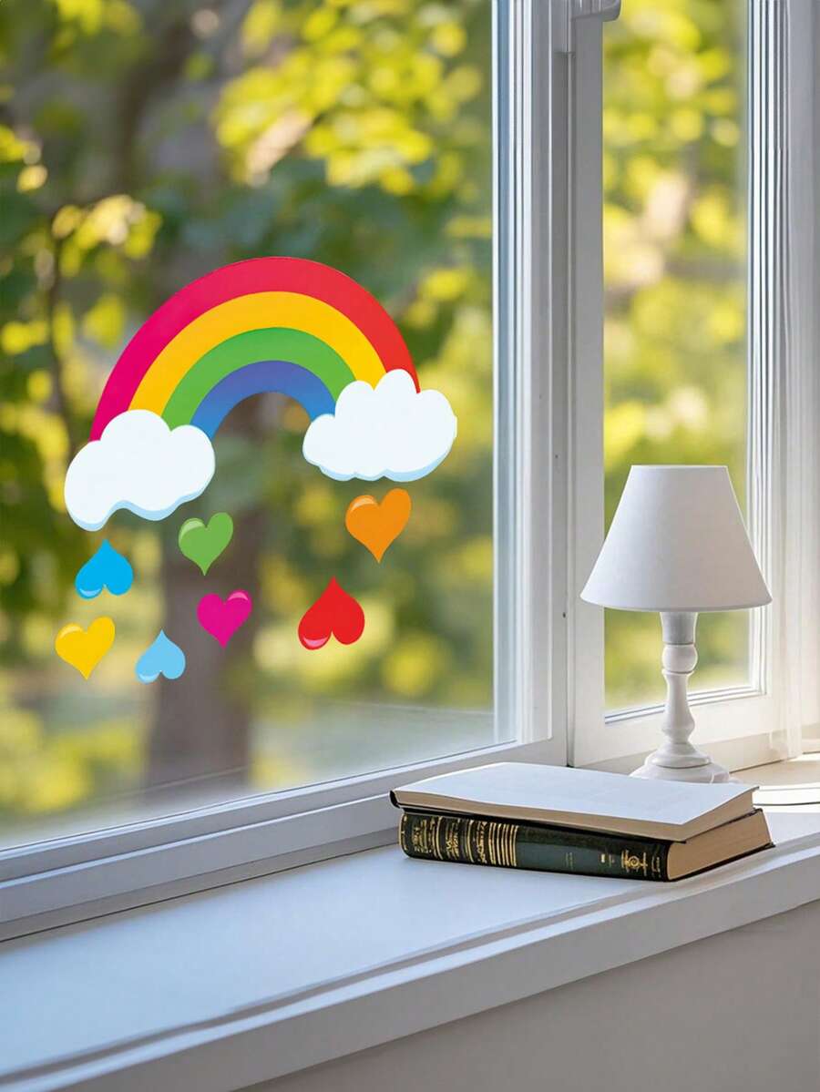Hình dán đám mây cầu vồng và trái tim ngộ nghĩnh - Hình dán tĩnh điện sống động cho cửa sổ nhà bếp, phòng khách, phòng ngủ - Thêm chút lãng mạn với tông màu pastel, lá xanh và khung cảnh ngập nắng, hình dán cửa sổ cho ngôi nhà. - Hình dán cầu vồng - Xem 1