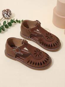Children's Fashion Flat Hook And Loop Sandals, Flower Hollow-Out Design - Brown - View 4